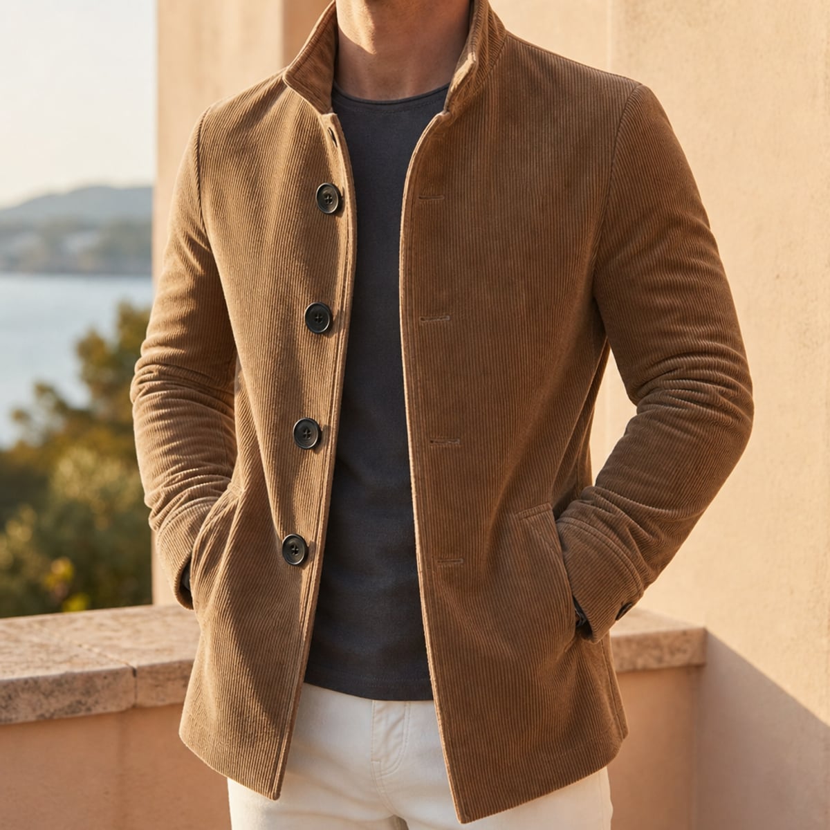 manteau homme coupe slim col cranté en marron clair
