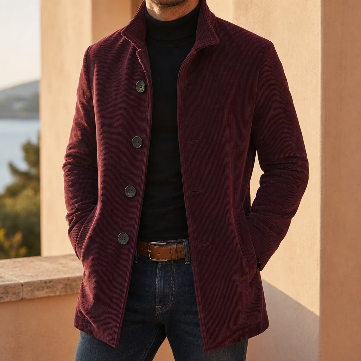 manteau homme coupe slim col cranté en rouge bordeaux