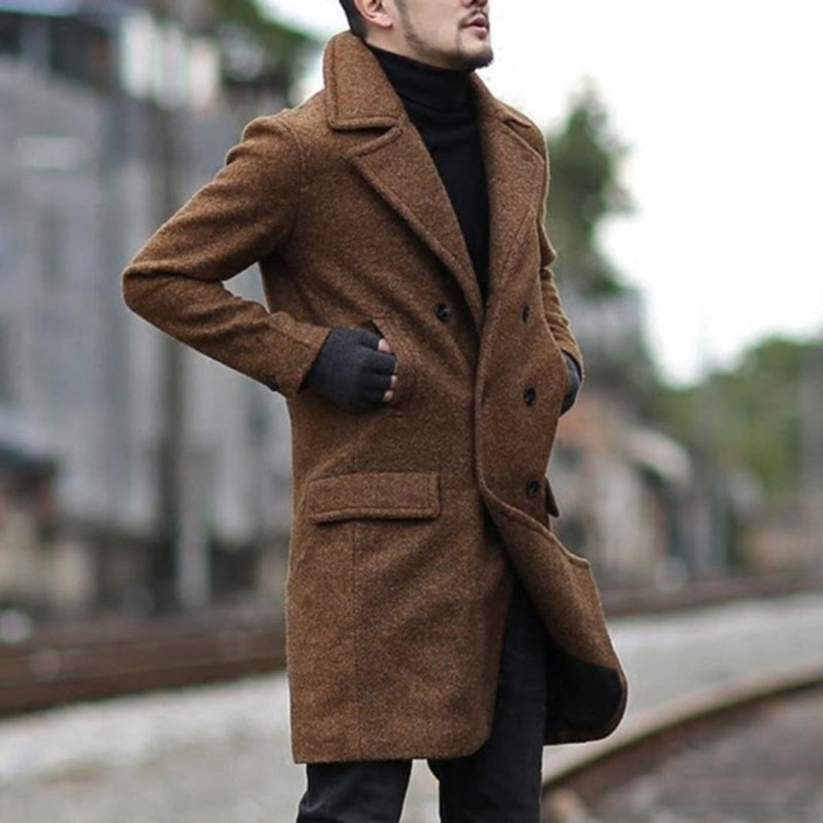 manteau homme long coupe droite croisé en marron