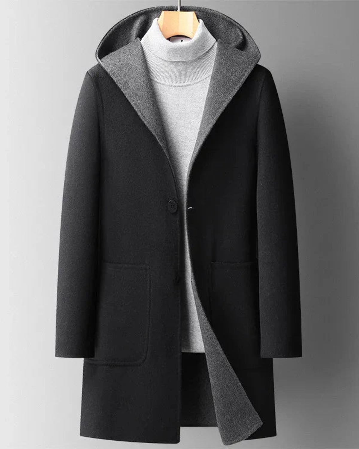 manteau long femme à capuche coupe droite en noir