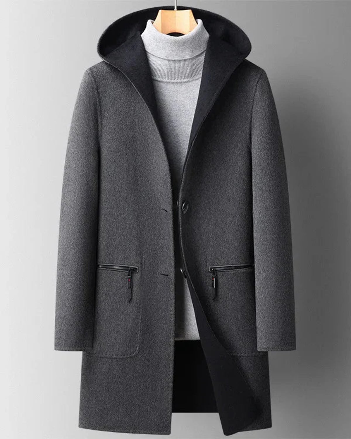 manteau long femme à capuche coupe droite en gris