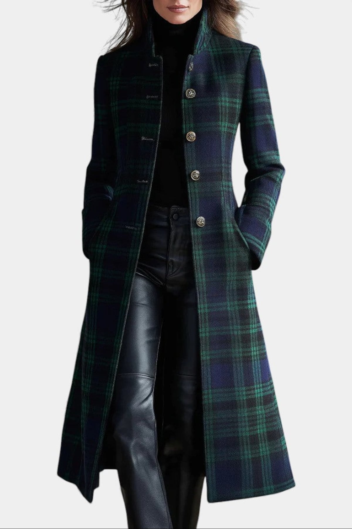 manteau long femme carreaux col montant en vert