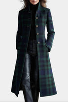 manteau long femme carreaux col montant en vert