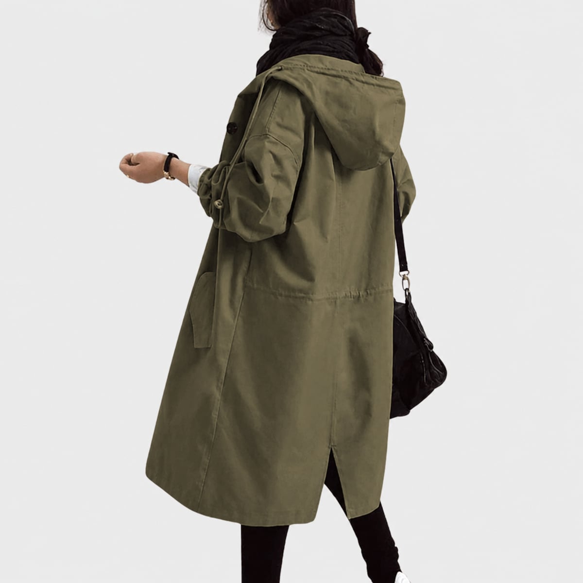 manteau long femme oversize à capuche en vert kaki