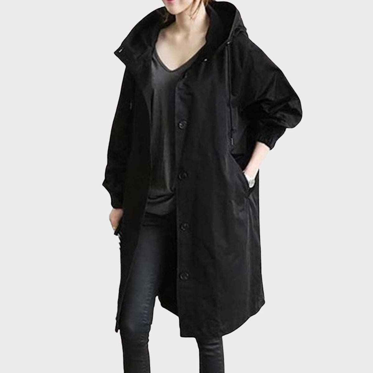manteau long femme oversize à capuche en noir