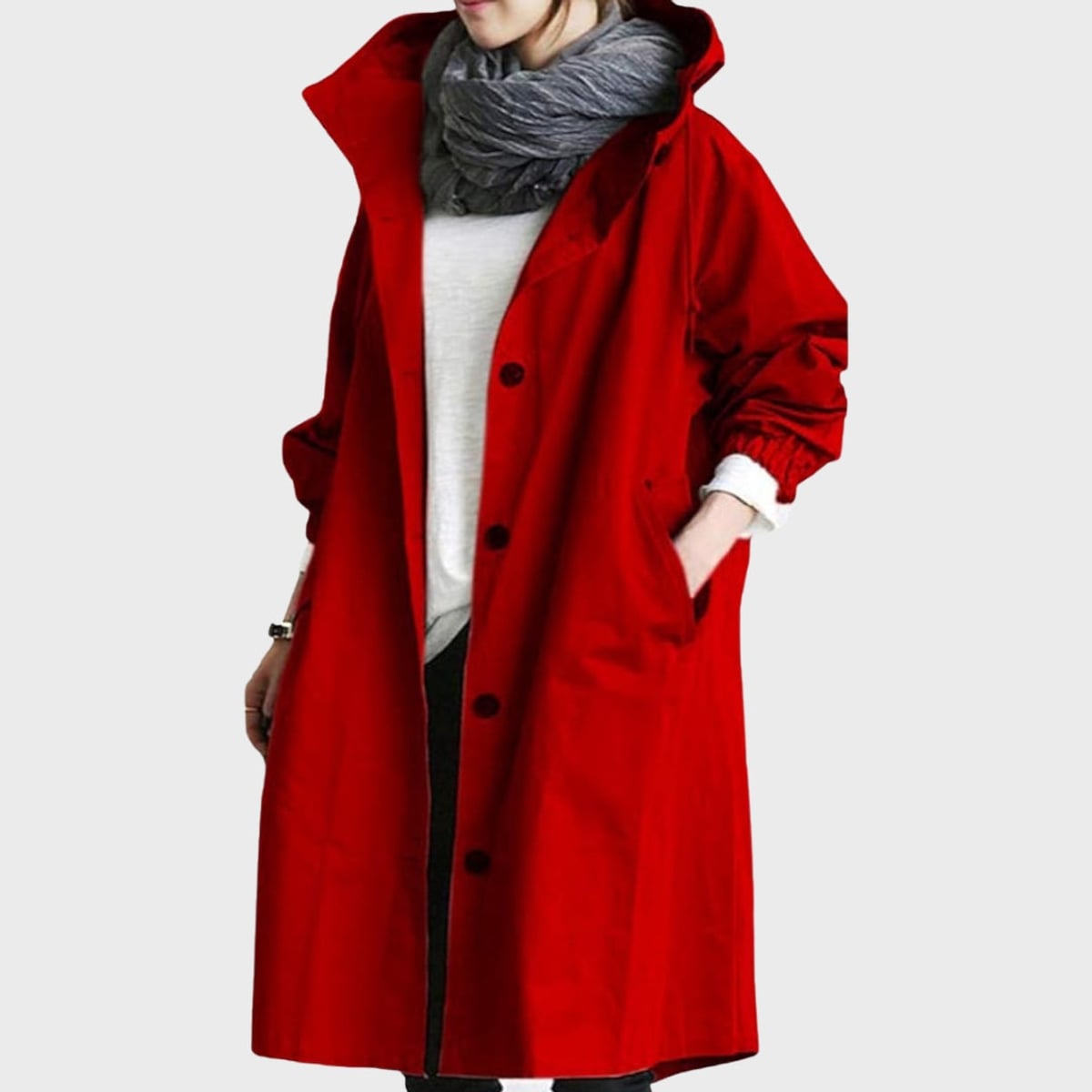 manteau long femme oversize à capuche en rouge