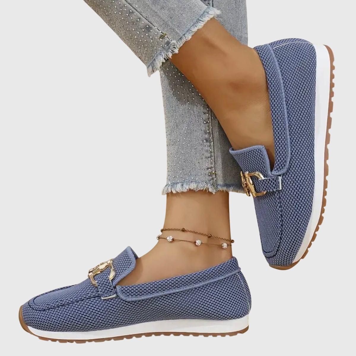 mocassin femme sans lacets boucle dorée en bleu