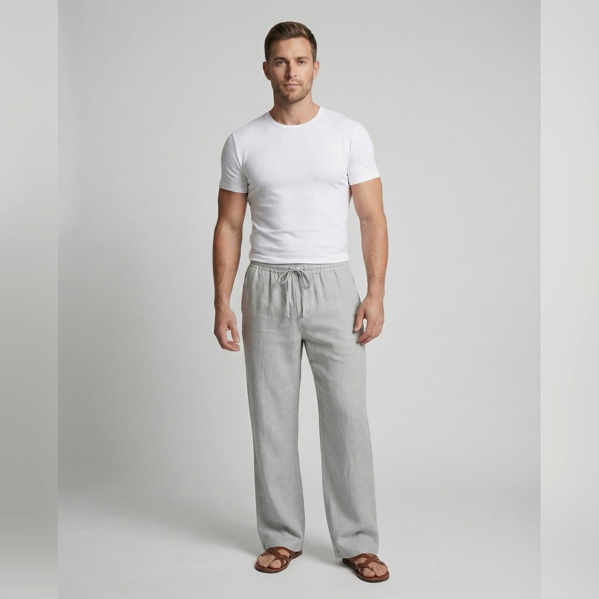 pantalon homme coupe droite taille élastiquée en gris