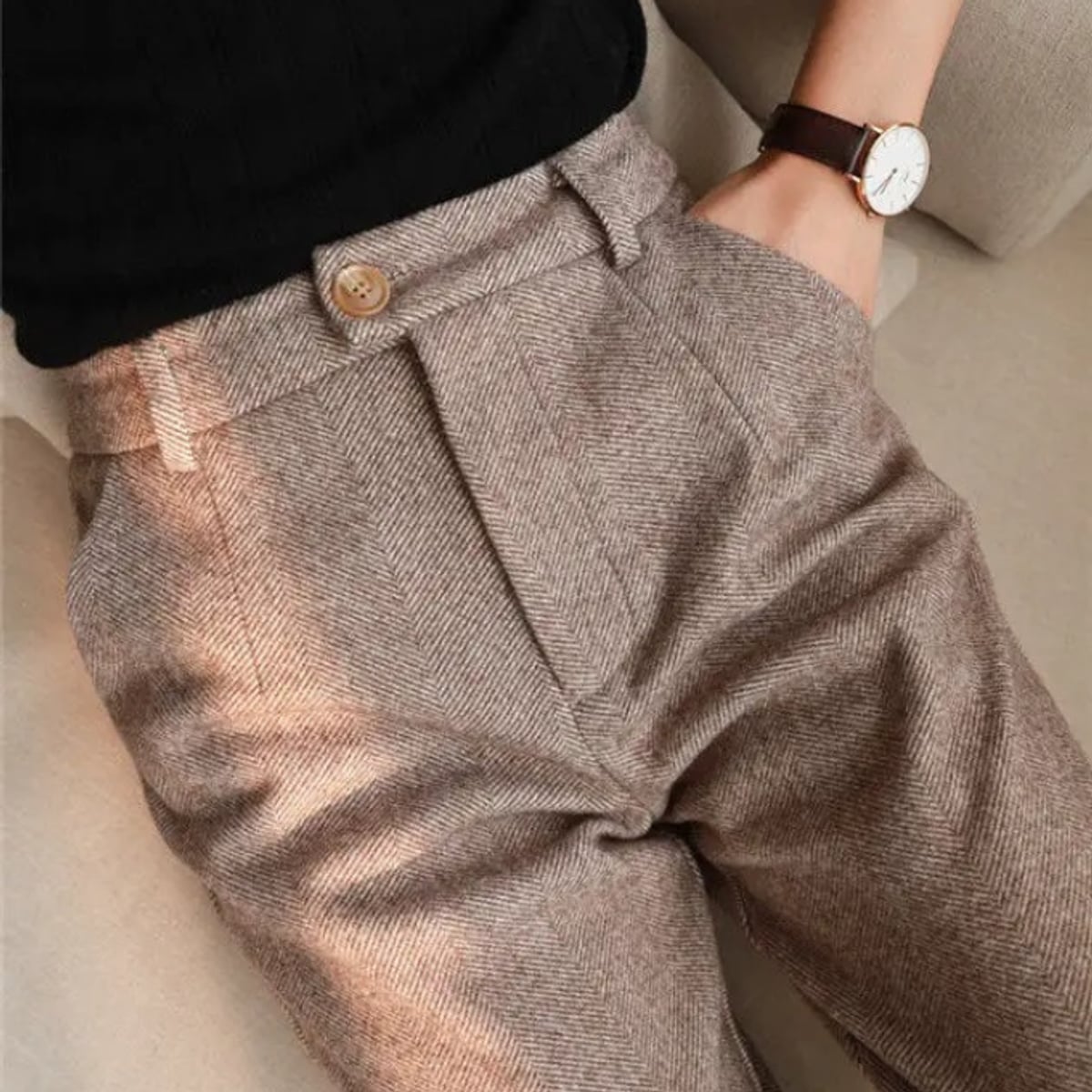 pantalon homme taille haute chevrons en marron