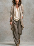 pantalon large femme taille élastique coupe fluide en beige-gris