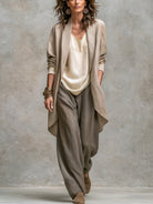 pantalon large femme taille élastique coupe fluide en beige-gris