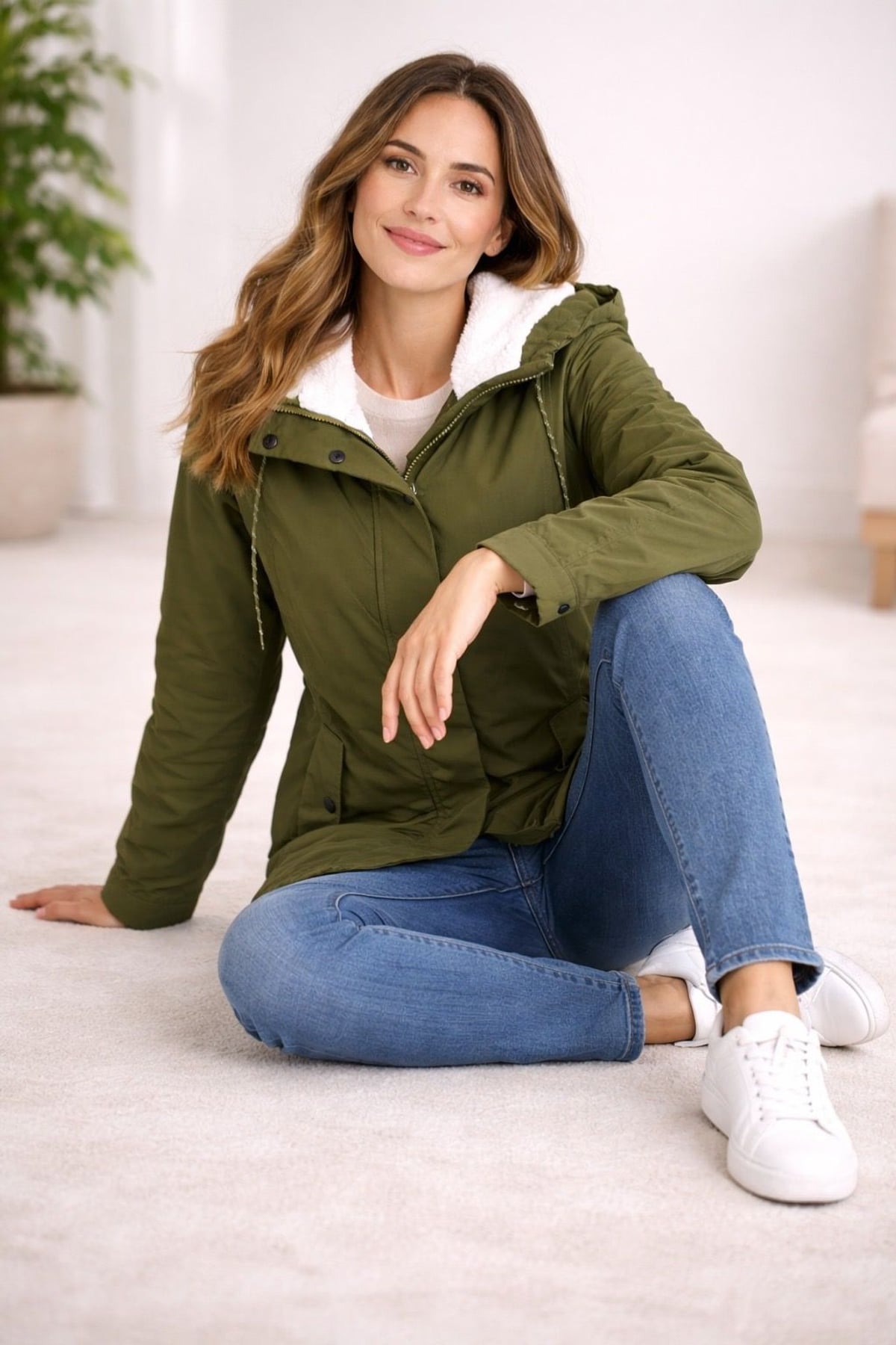 parka femme à capuche coupe mi-longue en vert