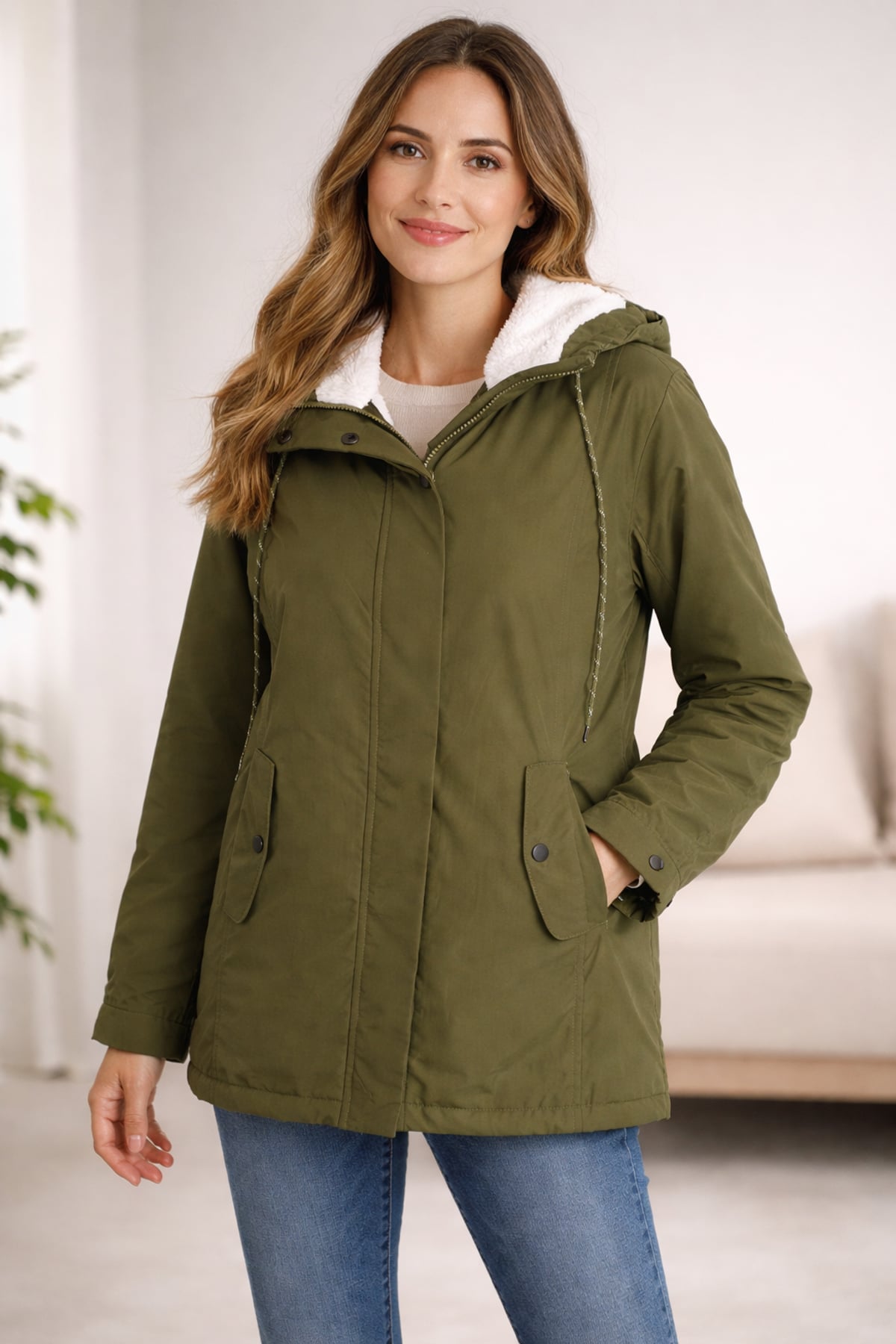 parka femme à capuche coupe mi-longue en vert