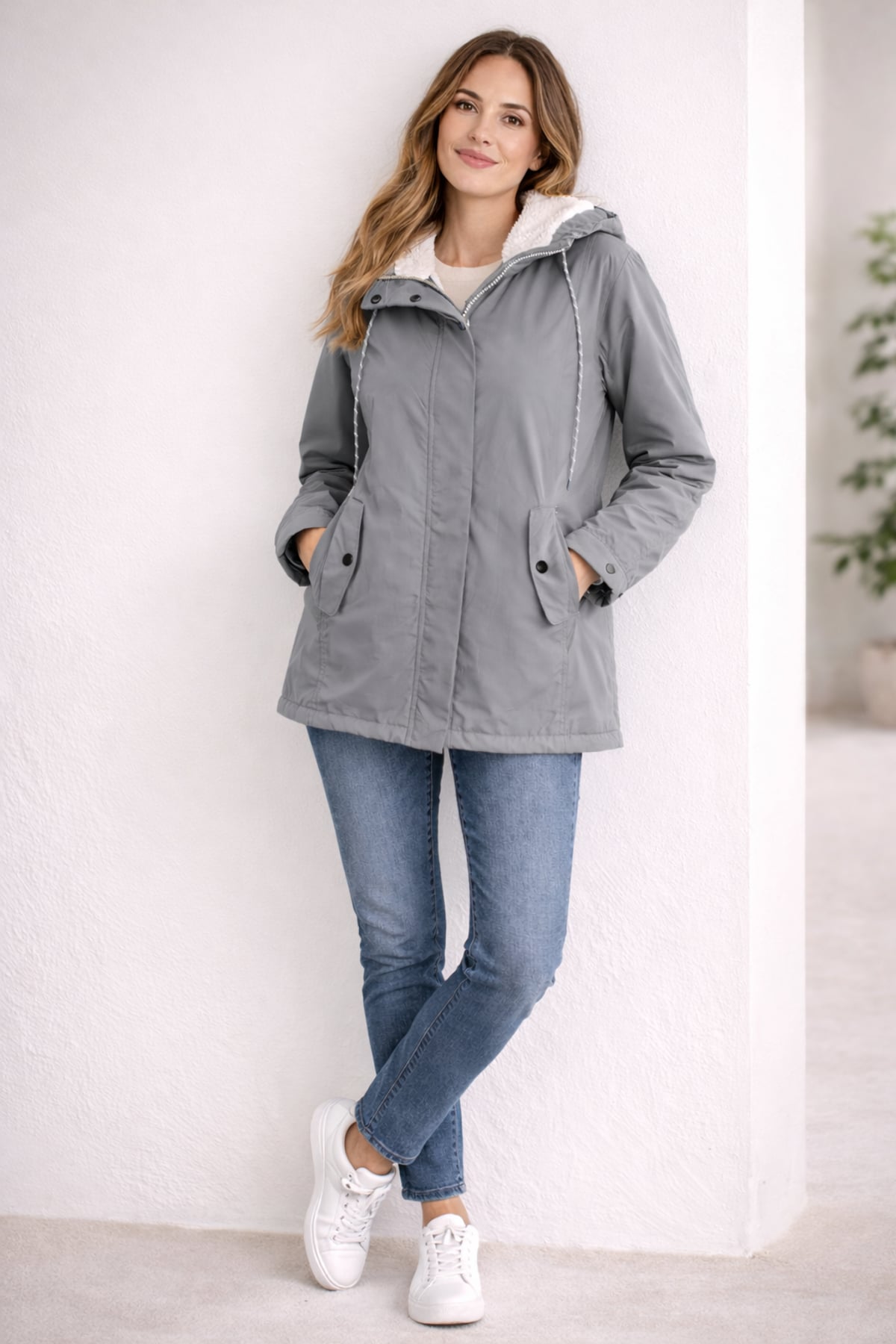 parka femme à capuche coupe mi-longue en gris