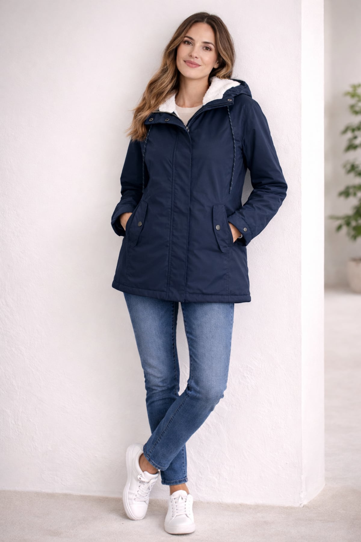 parka femme à capuche coupe mi-longue en bleu marine