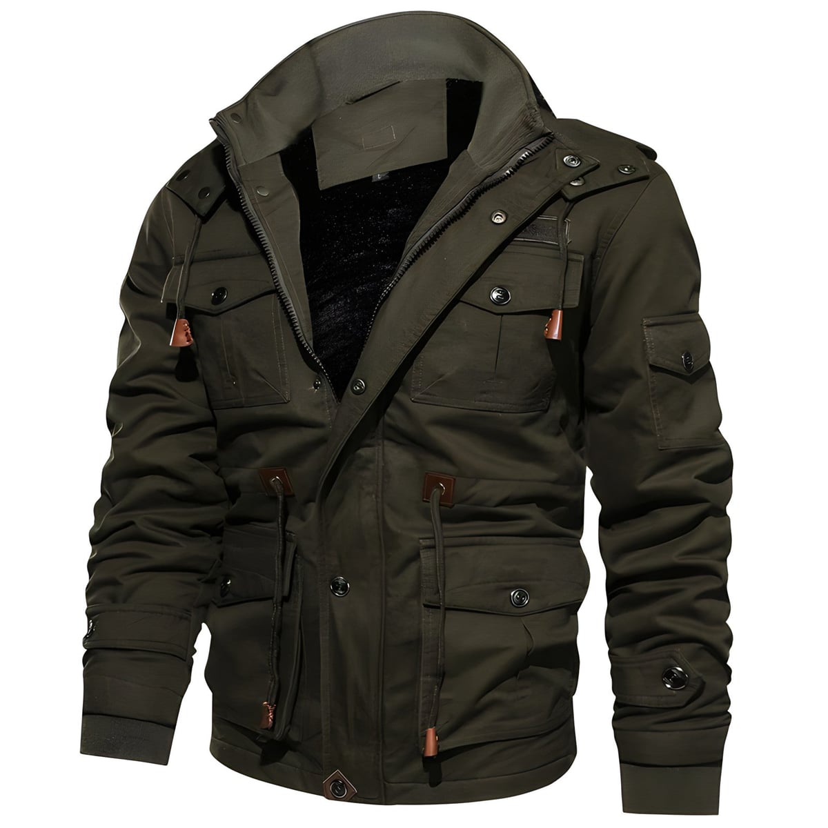 parka homme doublée à capuche multi-poches en vert foncé