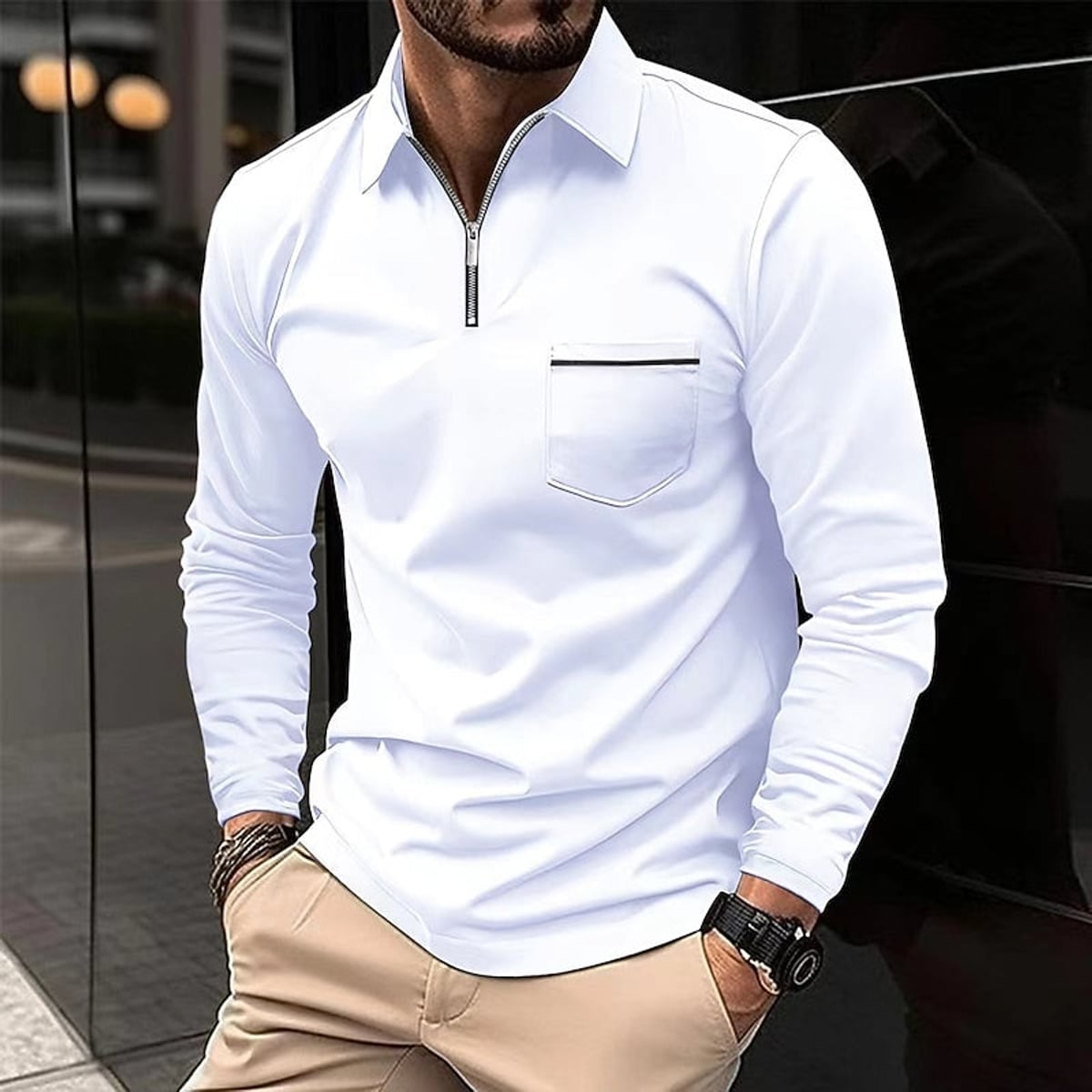 polo homme col zippé coupe régulière en blanc