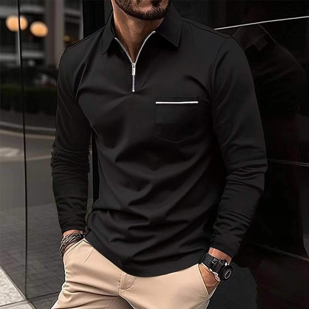 polo homme col zippé coupe régulière en noir