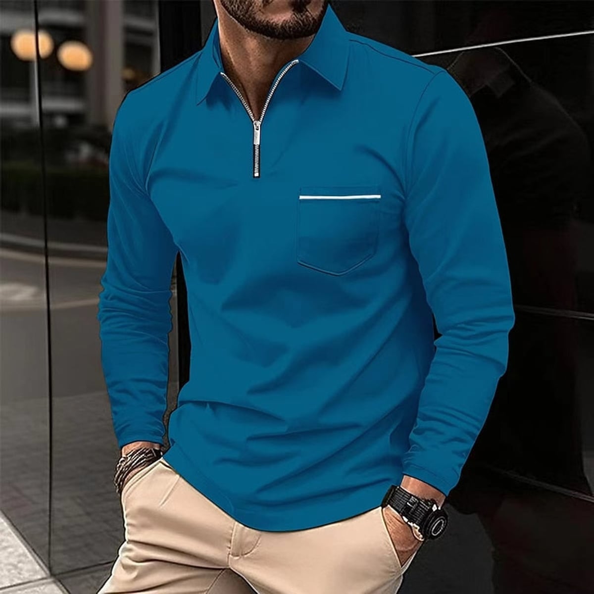 polo homme col zippé coupe régulière en bleu