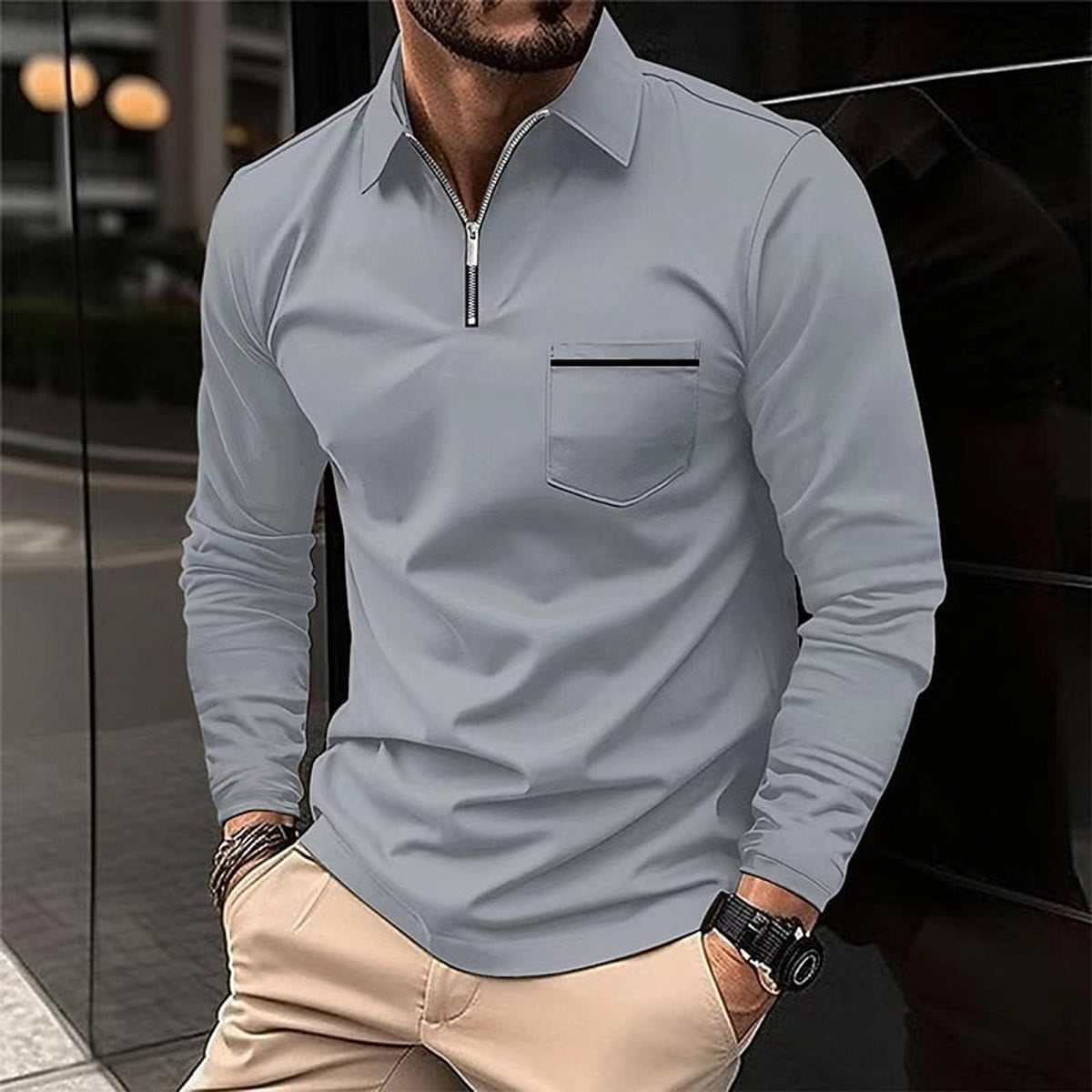 polo homme col zippé coupe régulière en gris
