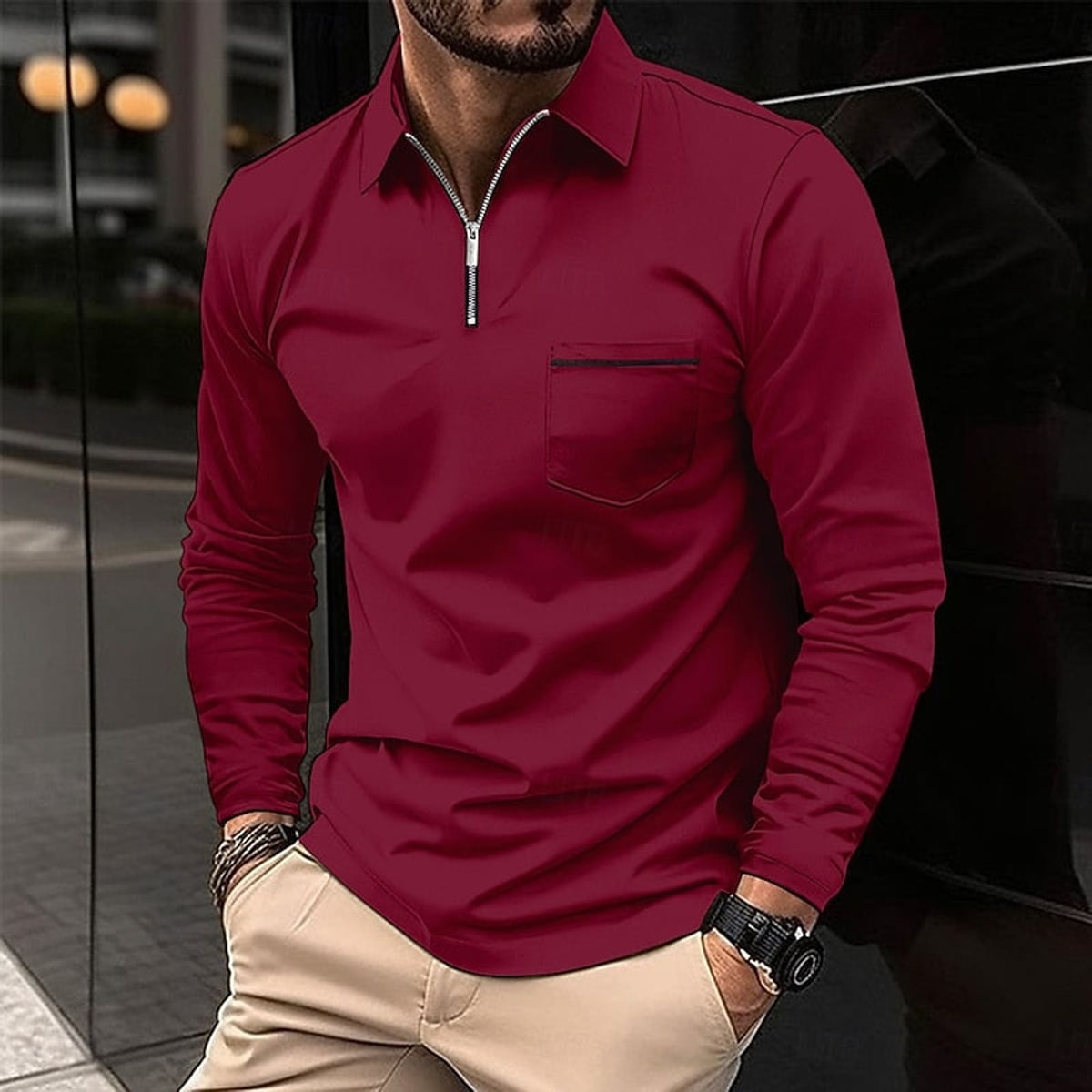 polo homme col zippé coupe régulière en bordeaux