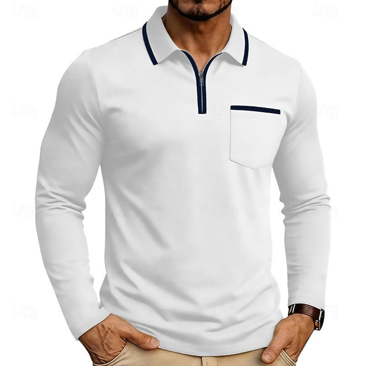 polo homme col zippé manches longues en blanc