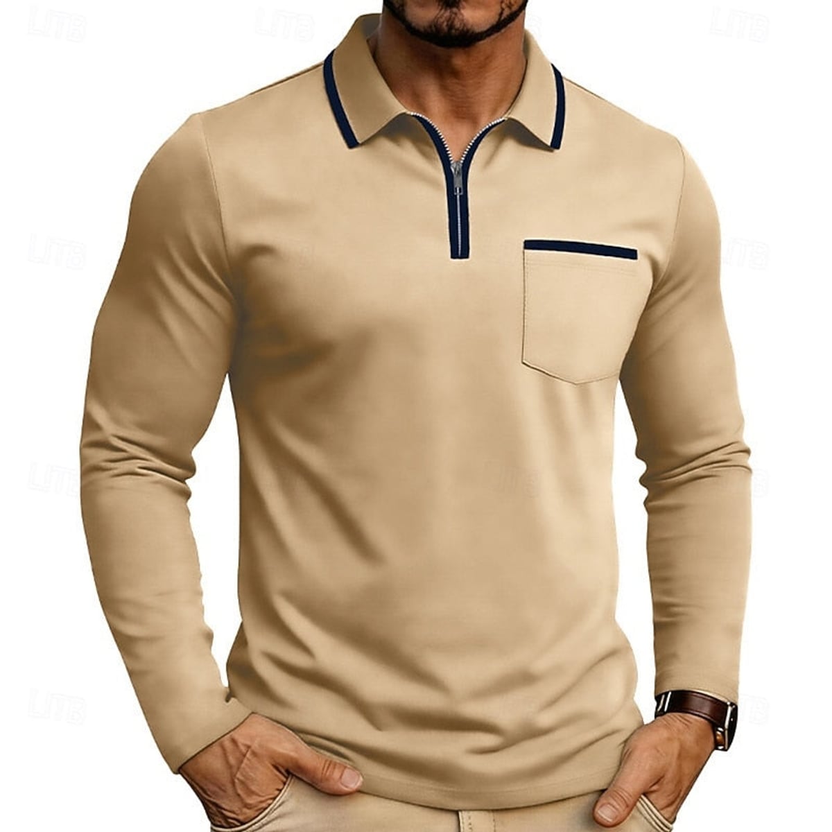 polo homme col zippé manches longues en abricot