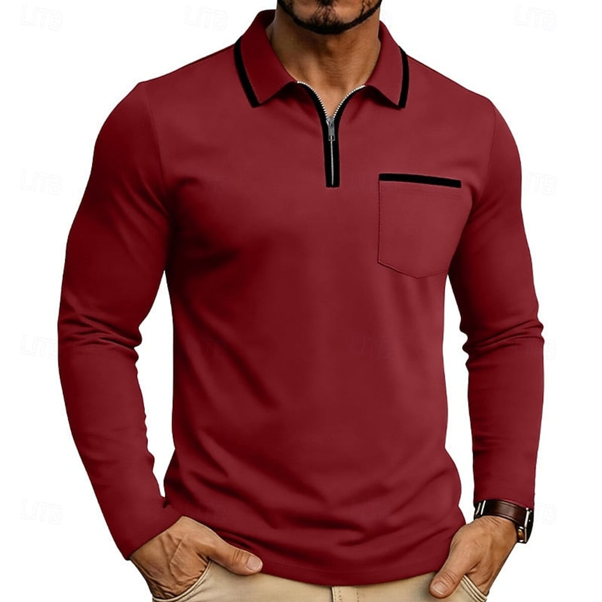 polo homme col zippé manches longues en rouge