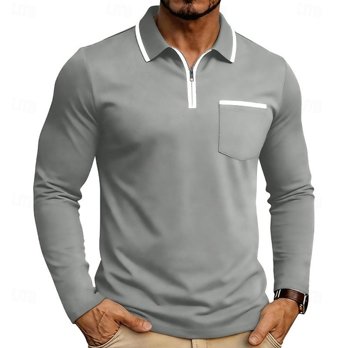 polo homme col zippé manches longues en gris