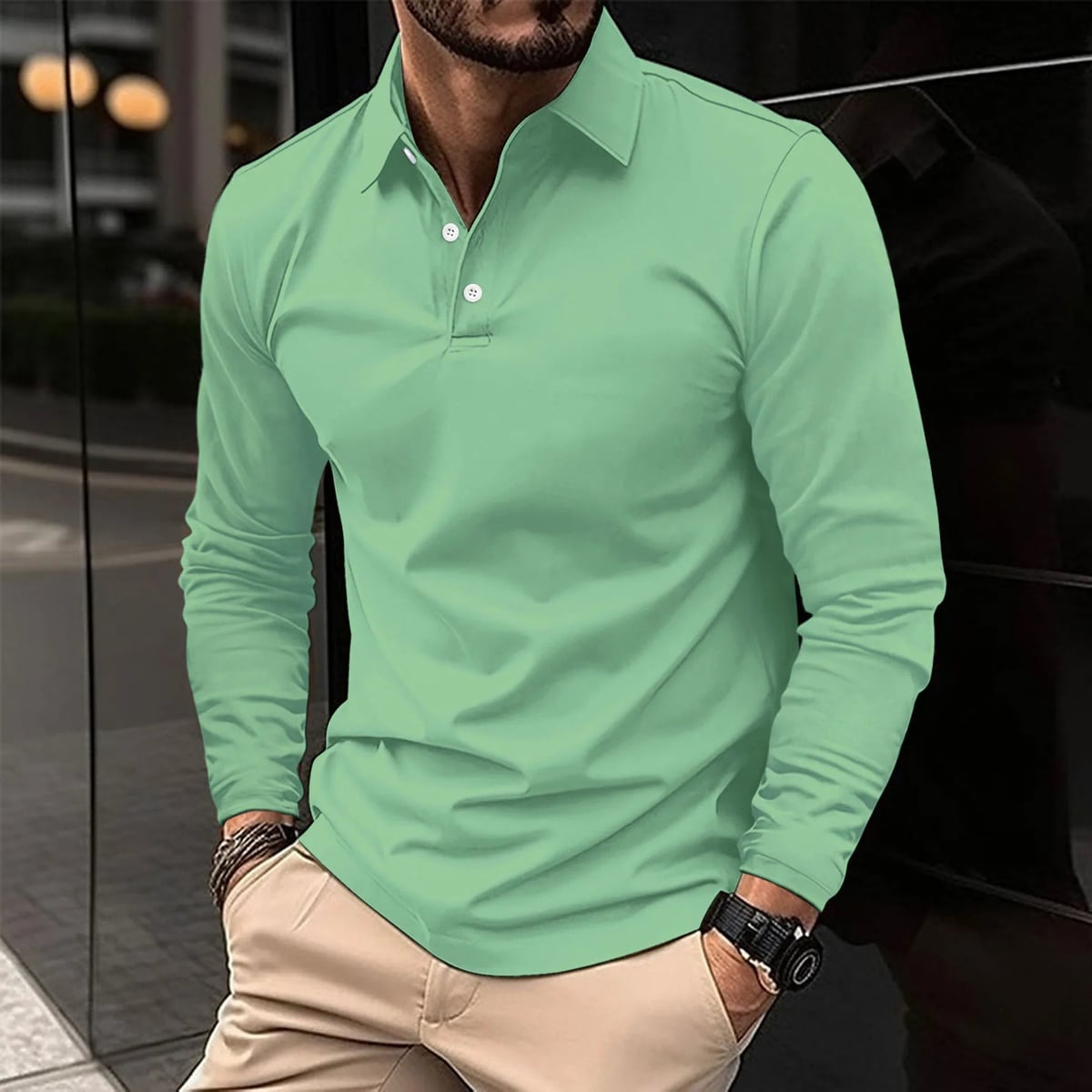 polo homme manche longue coupe classique en vert