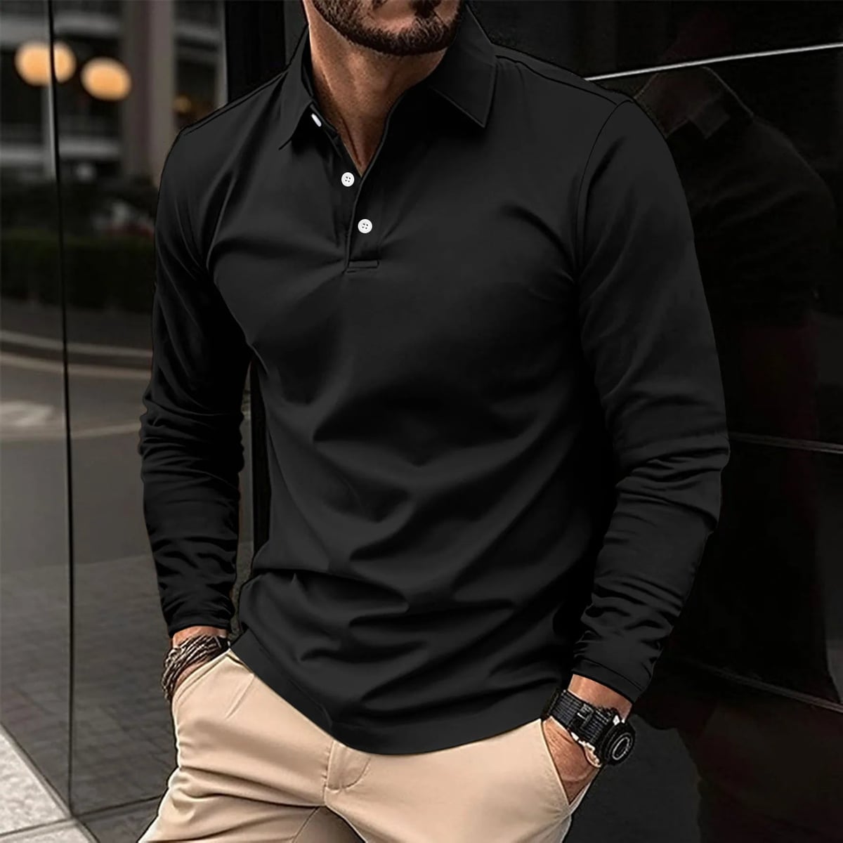 polo homme manche longue coupe classique en noir