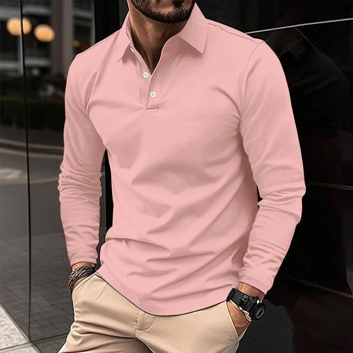 polo homme manche longue coupe classique en rose clair