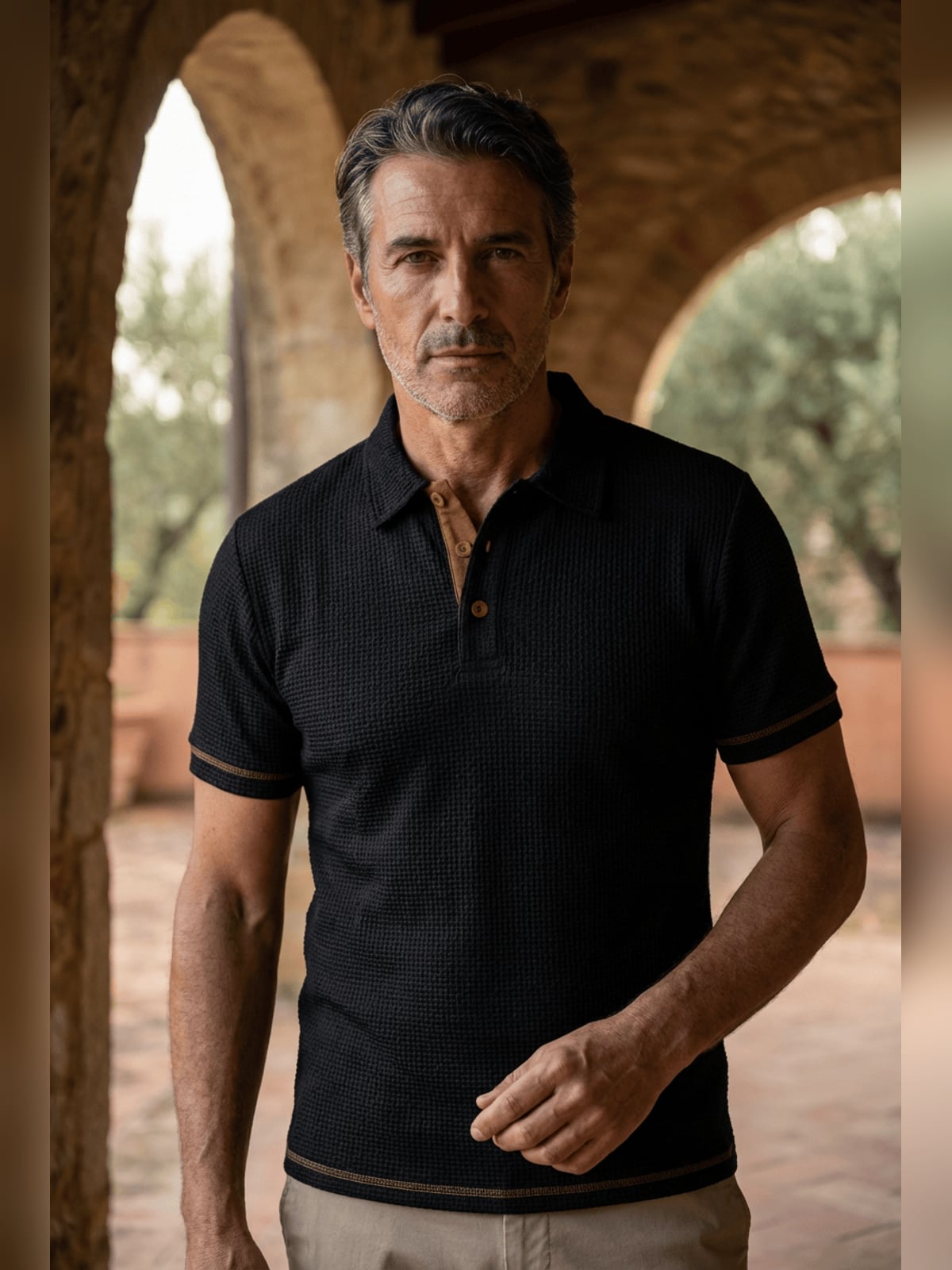 polo homme manches courtes col polo texturé en noir