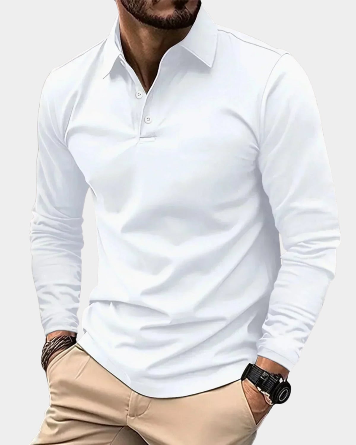 polo homme manches longues col boutonné en blanc