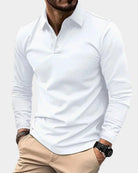 polo homme manches longues col boutonné en blanc