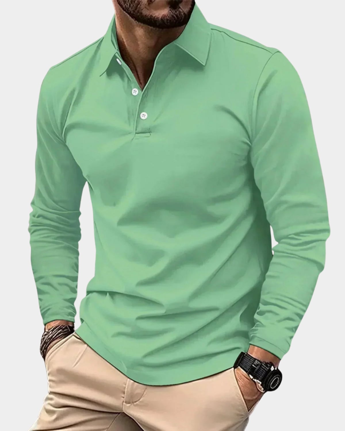 polo homme manches longues col boutonné en vert
