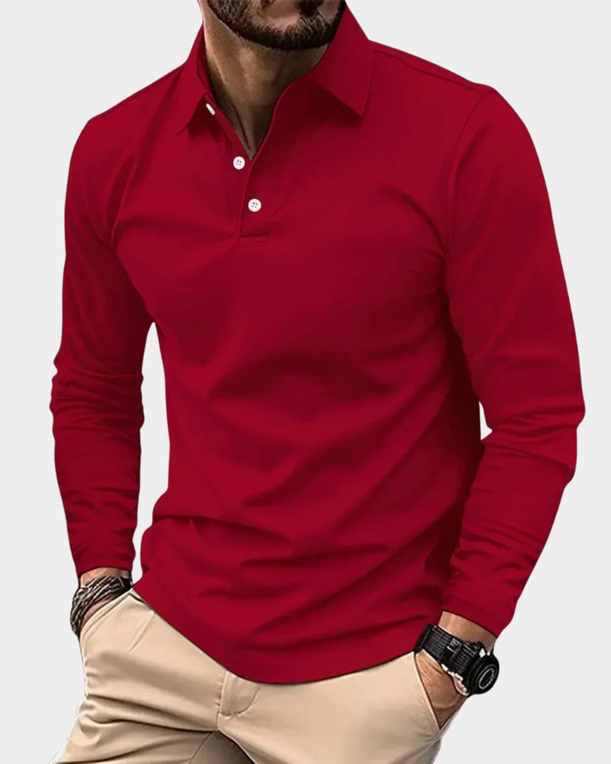 polo homme manches longues col boutonné en rouge