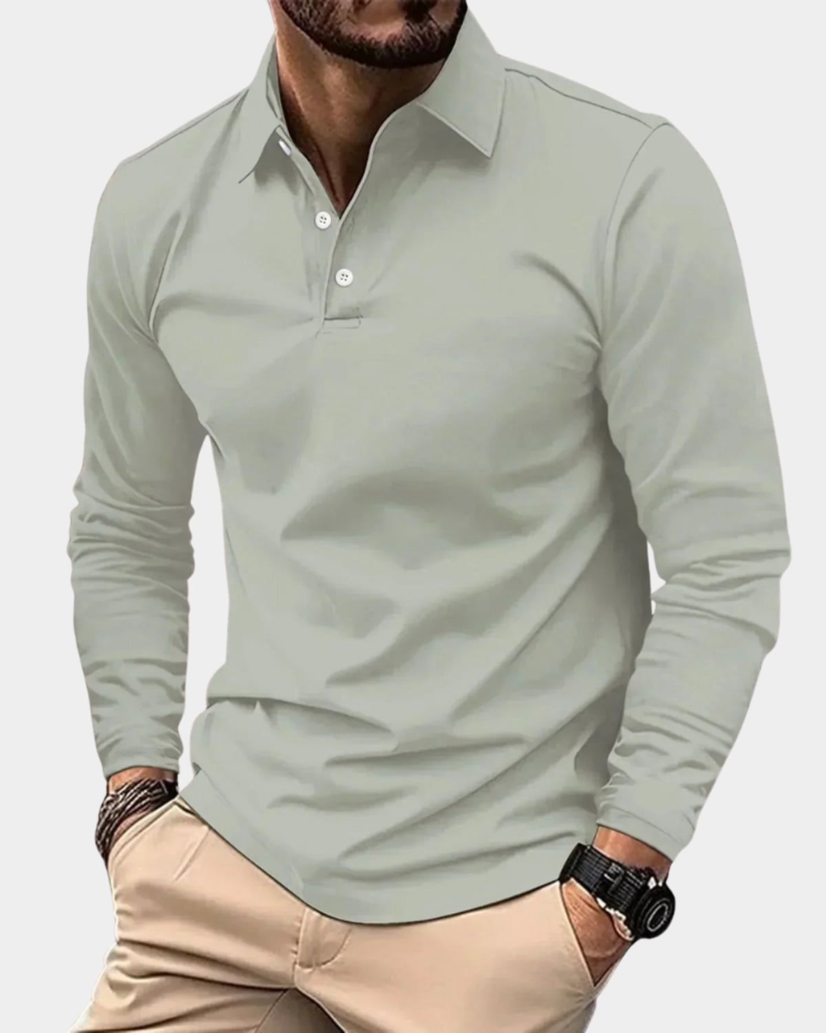 polo homme manches longues col boutonné en gris