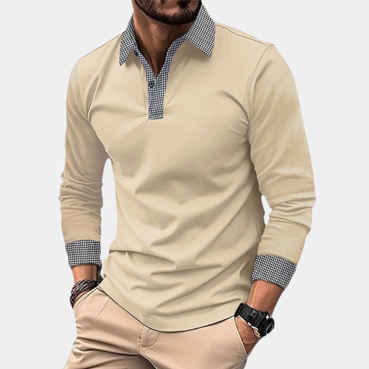 polo homme manches longues col contrasté en abricot