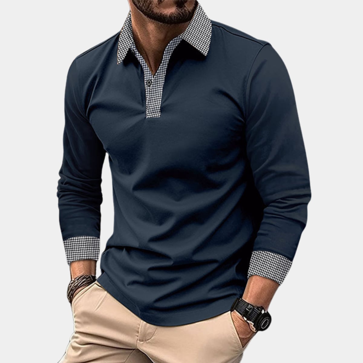 polo homme manches longues col contrasté en bleu marine