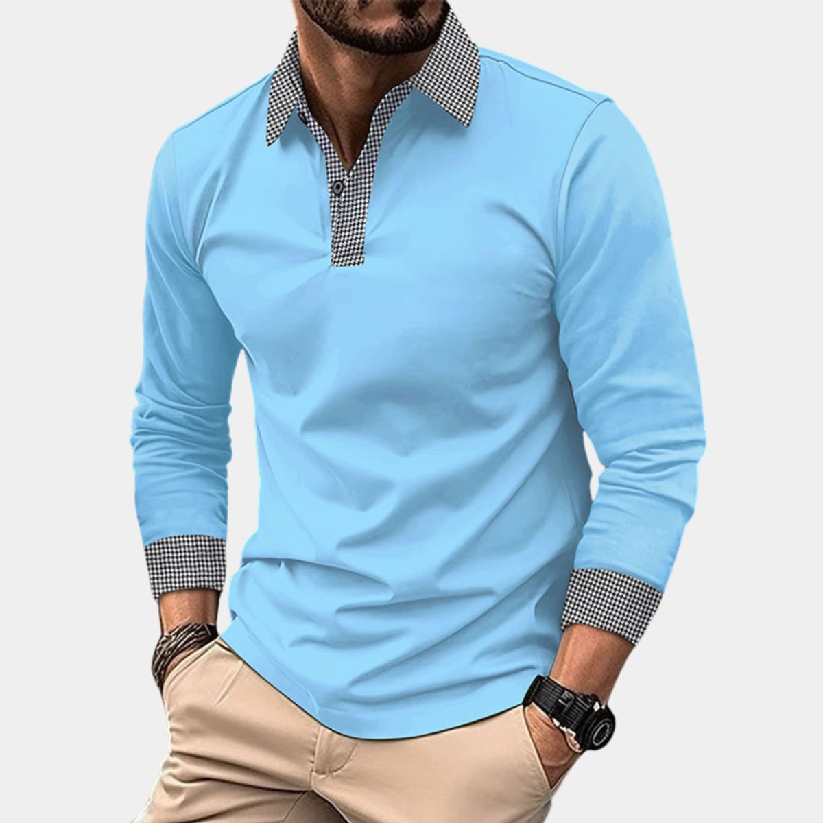 polo homme manches longues col contrasté en bleu ciel
