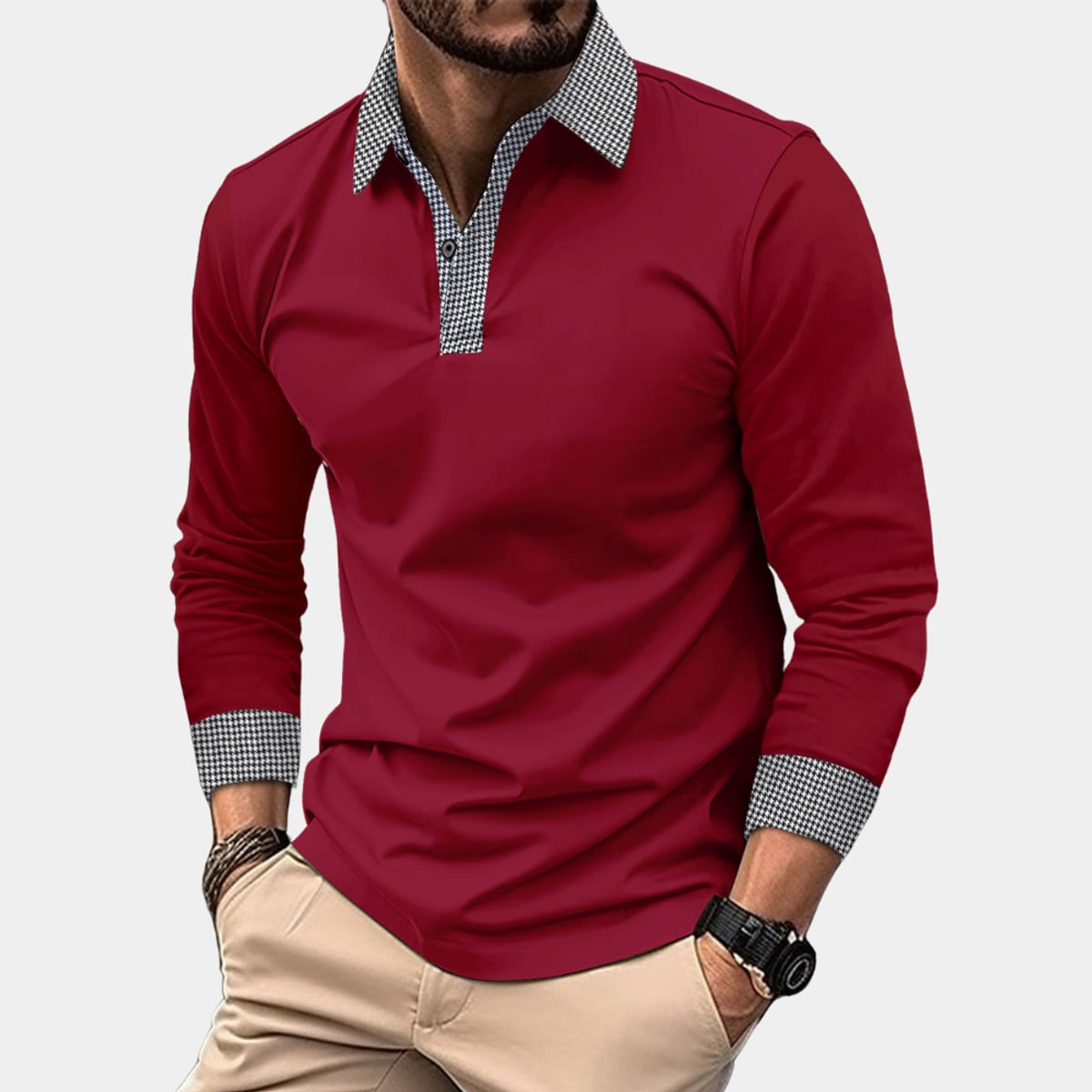 polo homme manches longues col contrasté en bordeaux