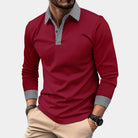 polo homme manches longues col contrasté en bordeaux