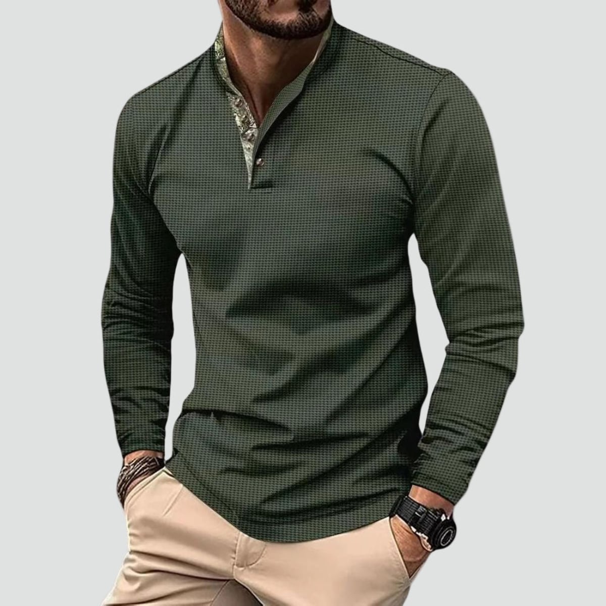 polo homme manches longues col montant en vert militaire