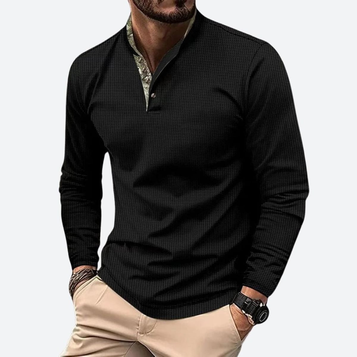 polo homme manches longues col montant en noir