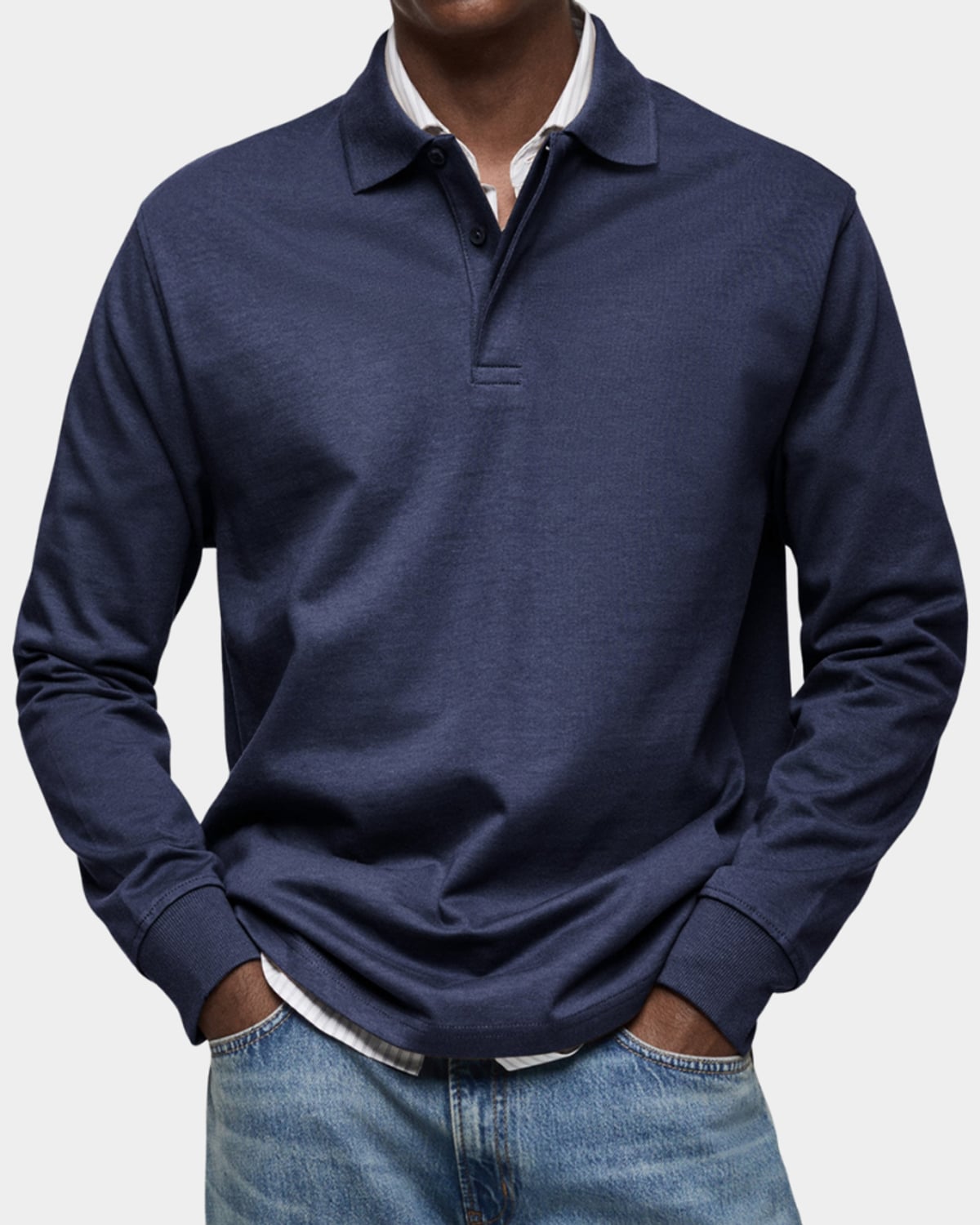 polo homme manches longues coupe classique en bleu marine