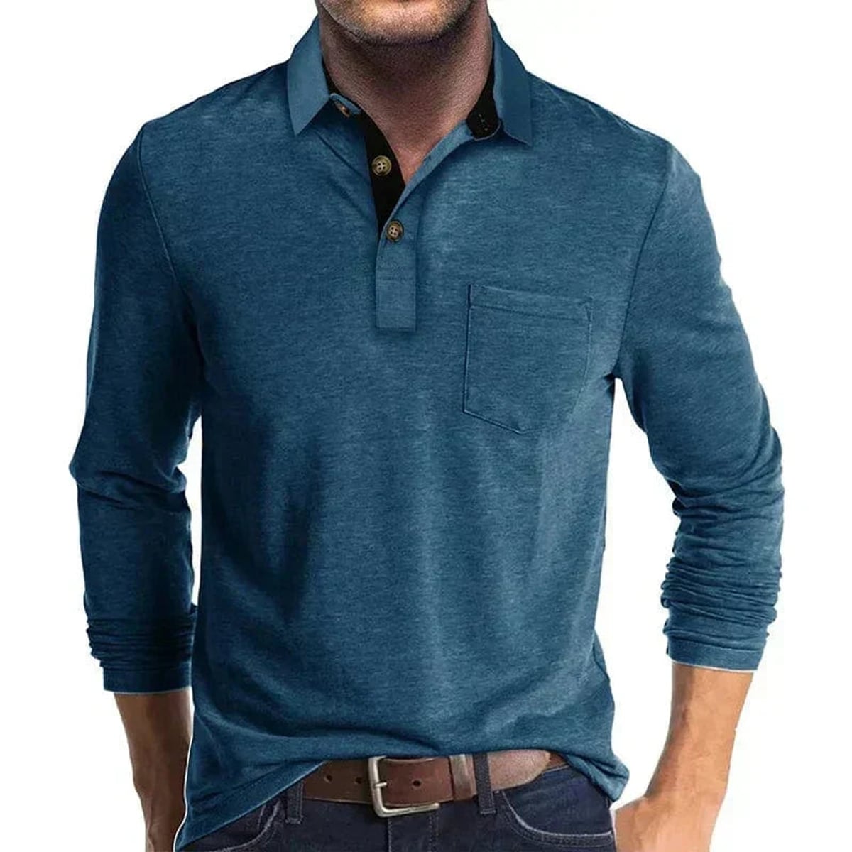 polo homme manches longues coupe régulière en bleu