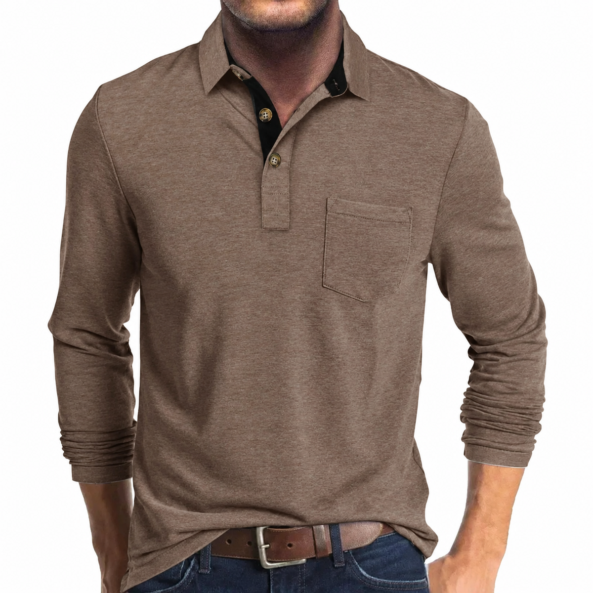 polo homme manches longues coupe régulière en marron foncé