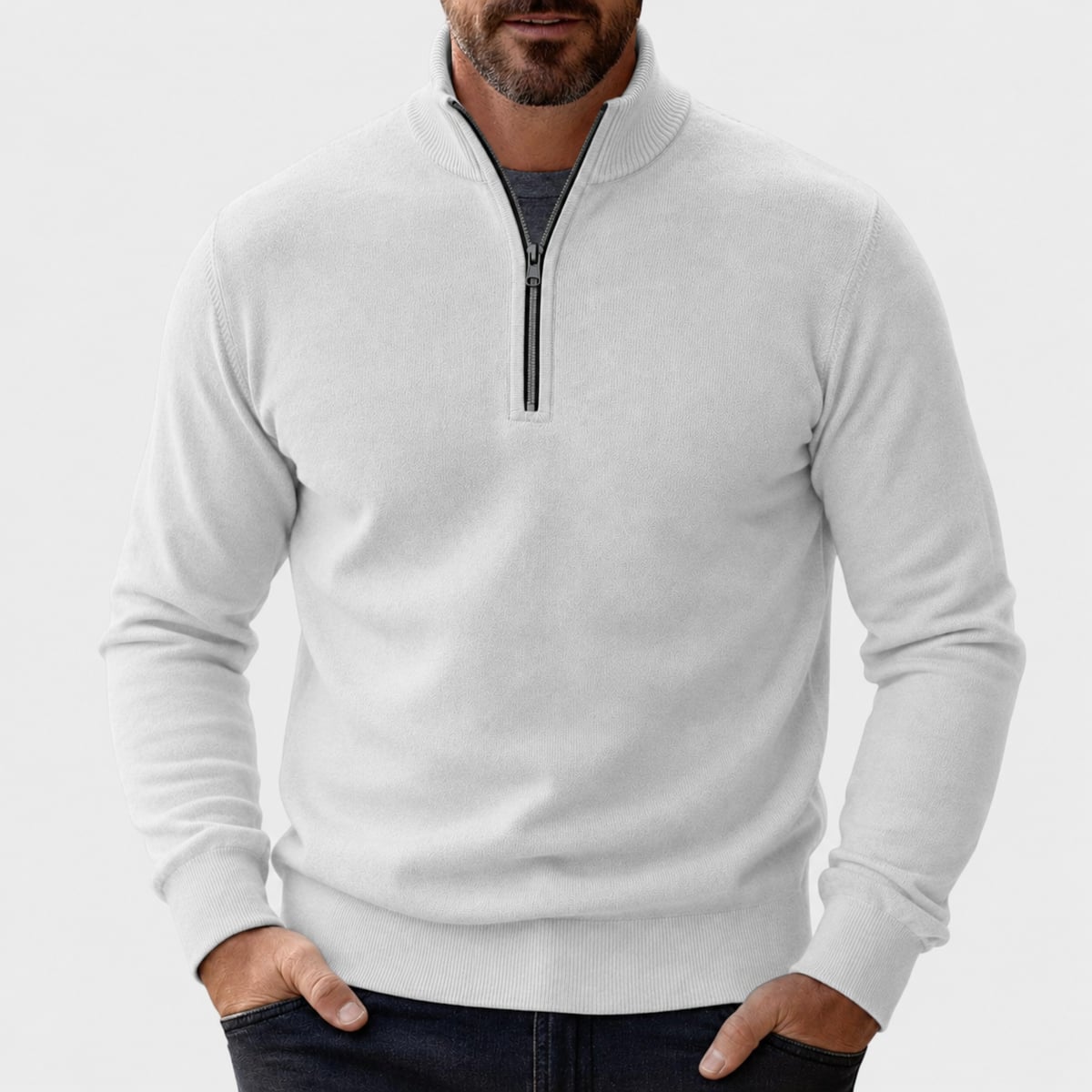 pull camionneur homme col zippé en blanc