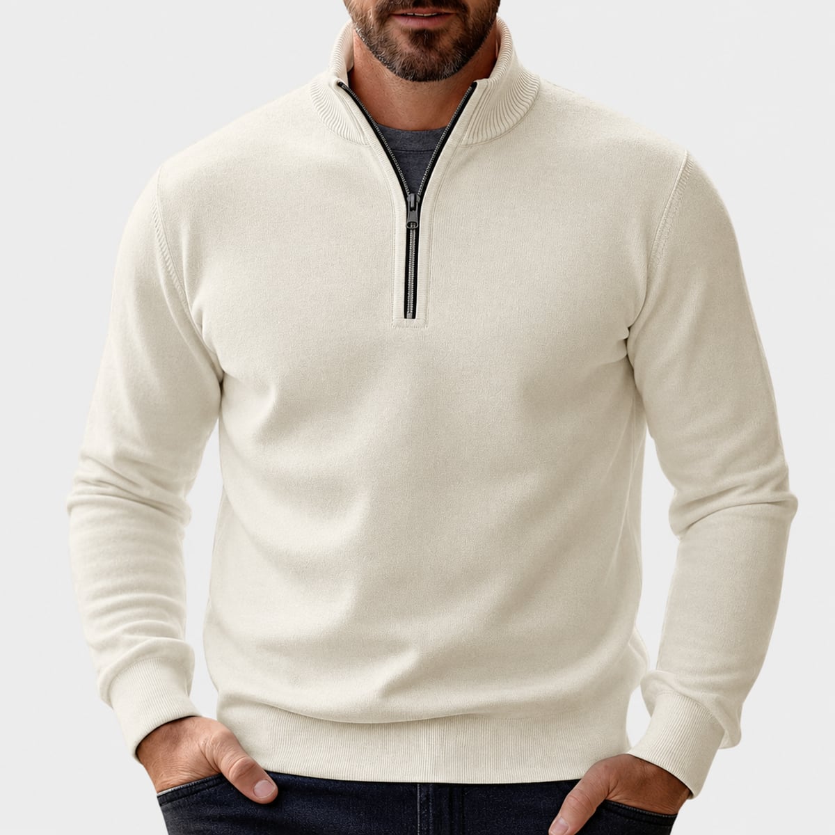 pull camionneur homme col zippé en beige